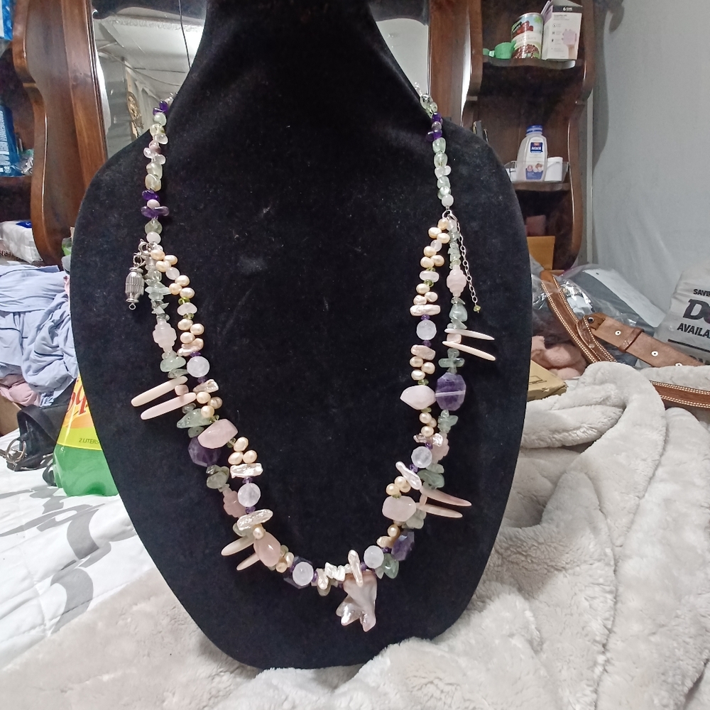 Real Gemstone Purple & Green Amithyst, Mother Of Pearl, Freshwater,Squashblossom